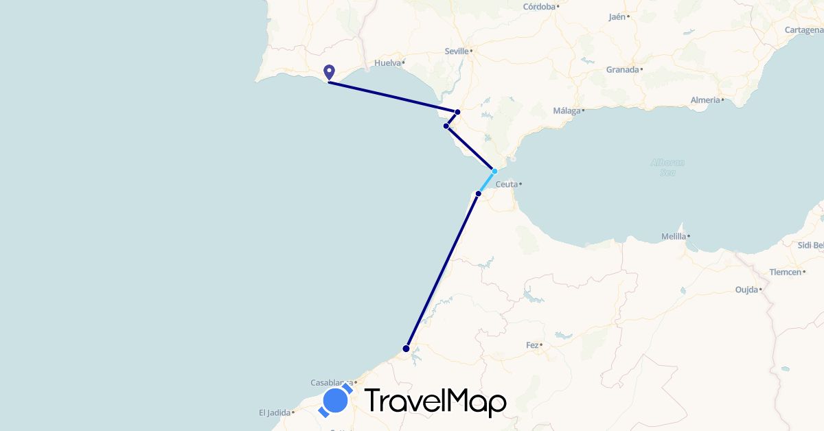 TravelMap itinerary: driving, boat in Spain, Morocco, Portugal (Africa, Europe)